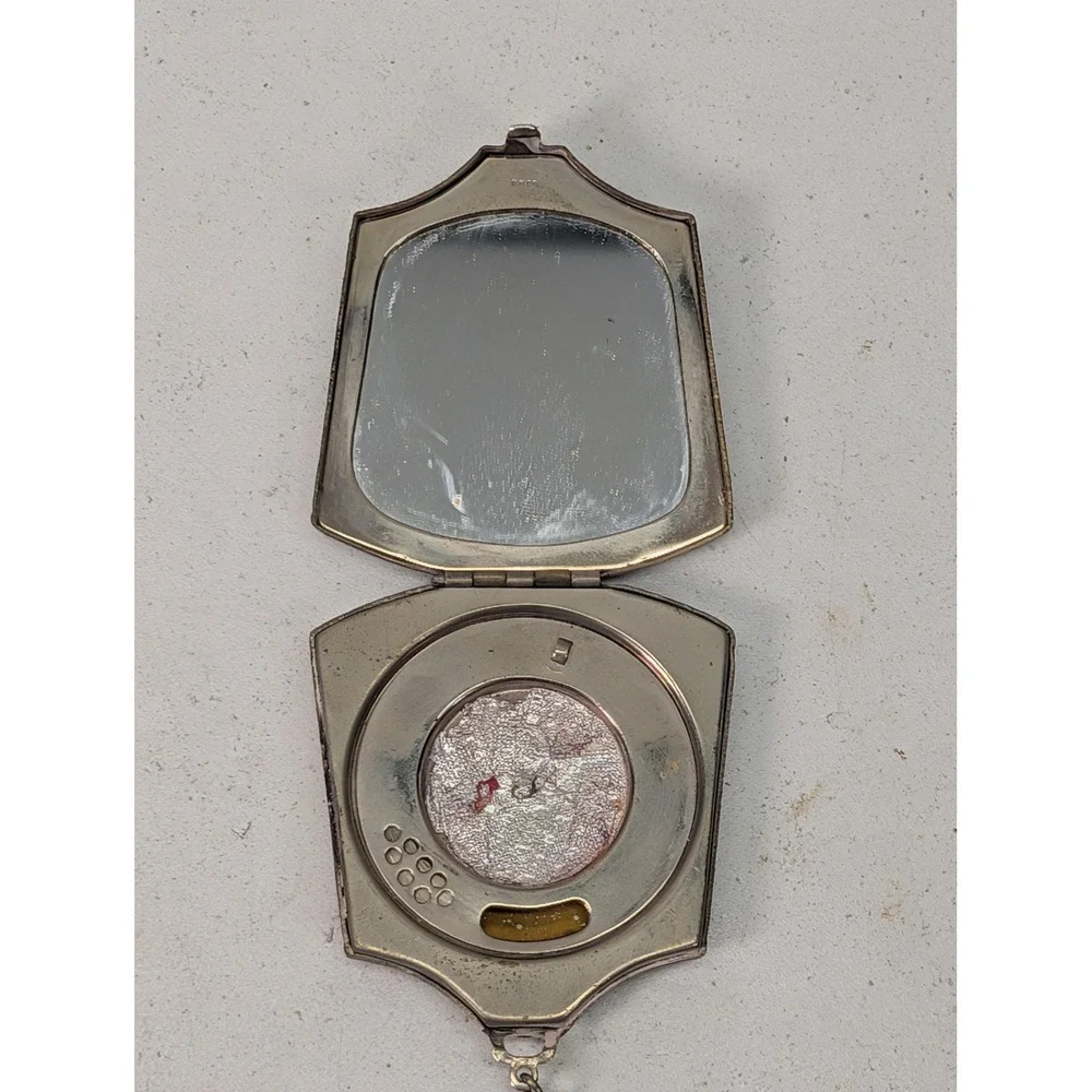 Vintage Silver Tone Compact Mirror Powder Case Chain Finger Ring Floral Enamel